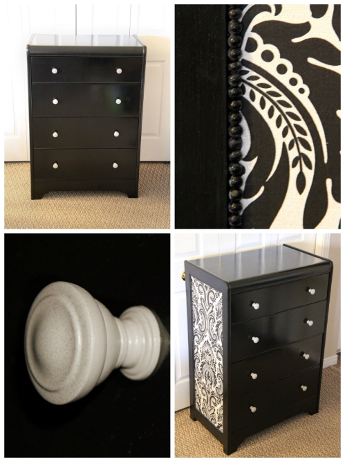 FOR SALE!  This stylish waterfall style dresser has been dressed up with glossy black paint and a beautiful black and pale taupe damask pattern.  The side panels are also detailed with a row of black beads.  Brand new matching hardware has been added and the interior four drawers are painted black inside and out. 