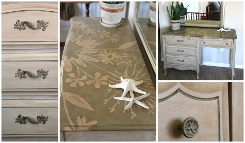 This one of a kind four drawer French Provincial desk has a hand painted floral top. The grey and subtle green have been antiqued for an overall warmth that would be sure to compliment any home.  The desk's original brass hardware has been painted to match. 