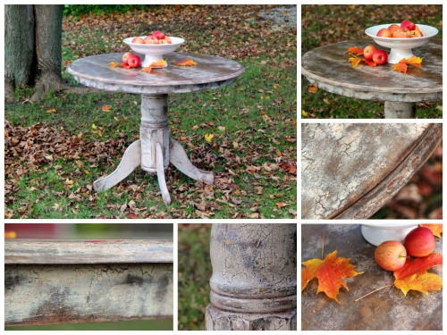 This beautifully rustic pedestal table, done in a warm coffee and cream combination has subtle hints of red and bluish grey peeking through it's worn, crackled finish.  This is a solid, heavy table but the base detaches from the top for easy moving. 